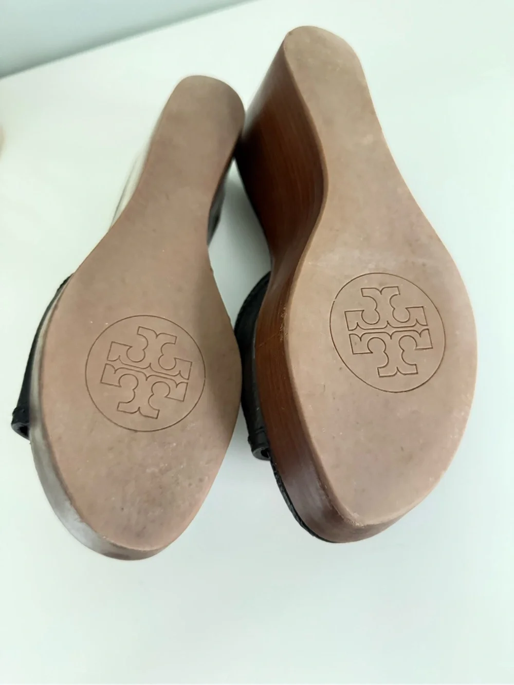 Tory Burch Black Leather Wedge Sandals with Gold Logo